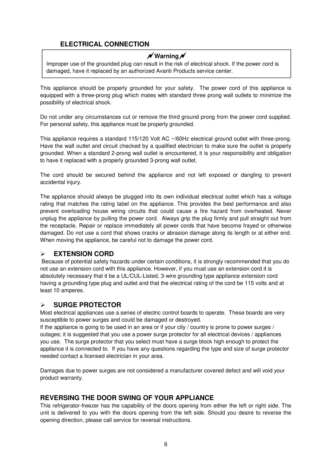 Avanti RA7316PST Electrical Connection,  Extension Cord,  Surge Protector, Reversing the Door Swing of Your Appliance 