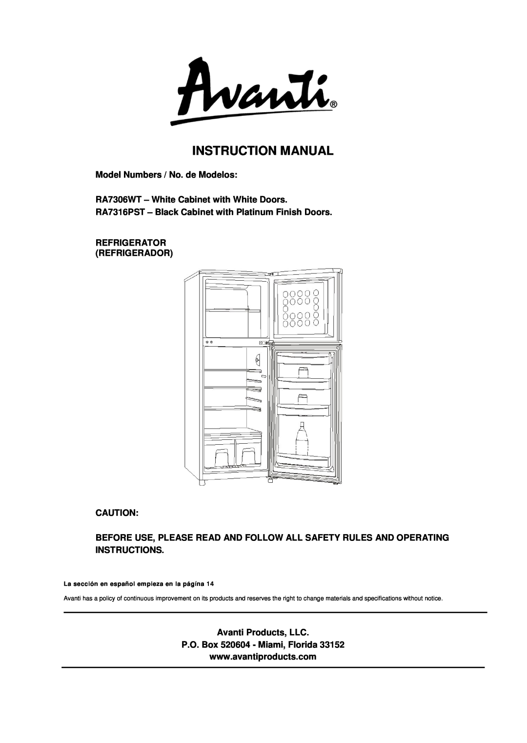 Avanti RA7306WT, RA7316PST instruction manual 