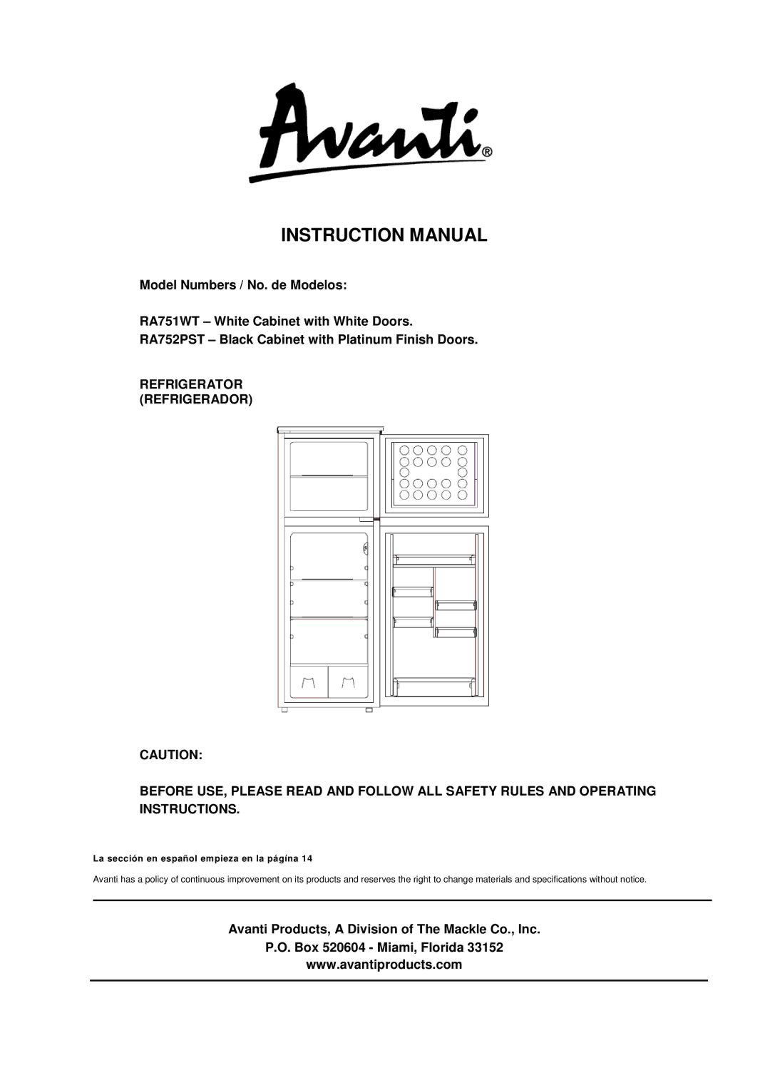 Avanti RA751WT, RA752PST instruction manual La sección en español empieza en la págína 