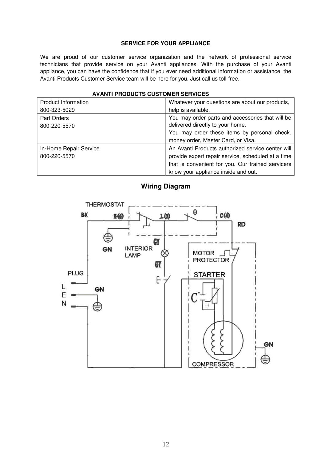 Avanti RA752PST, RA751WT instruction manual Wiring Diagram, Service for Your Appliance, Avanti Products Customer Services 