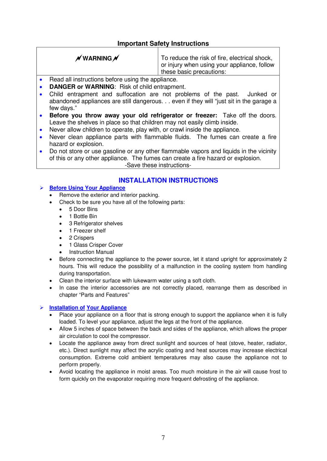 Avanti RA751WT, RA752PST Important Safety Instructions, Installation Instructions,  Before Using Your Appliance 