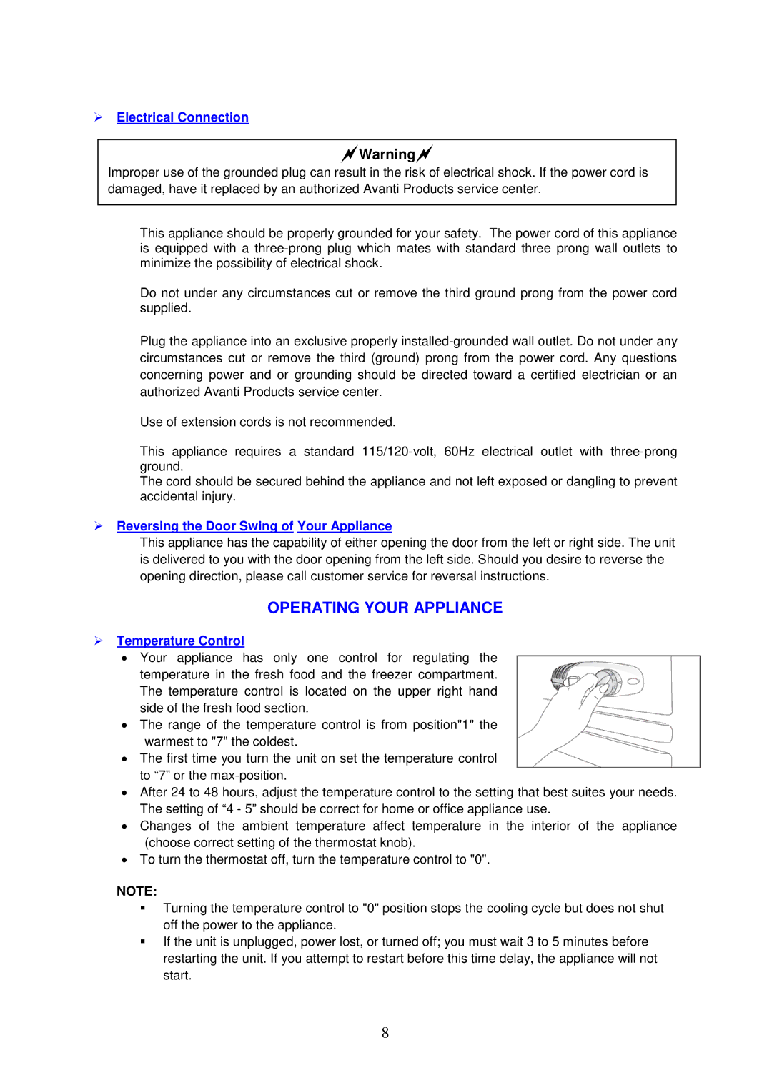 Avanti RA752PST, RA751WT Operating Your Appliance,  Electrical Connection,  Reversing the Door Swing of Your Appliance 