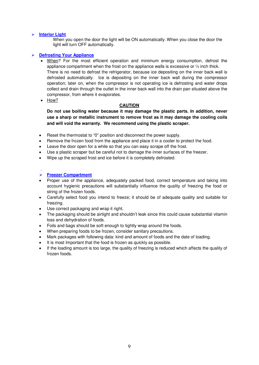 Avanti RA751WT, RA752PST instruction manual  Interior Light,  Defrosting Your Appliance,  Freezer Compartment 