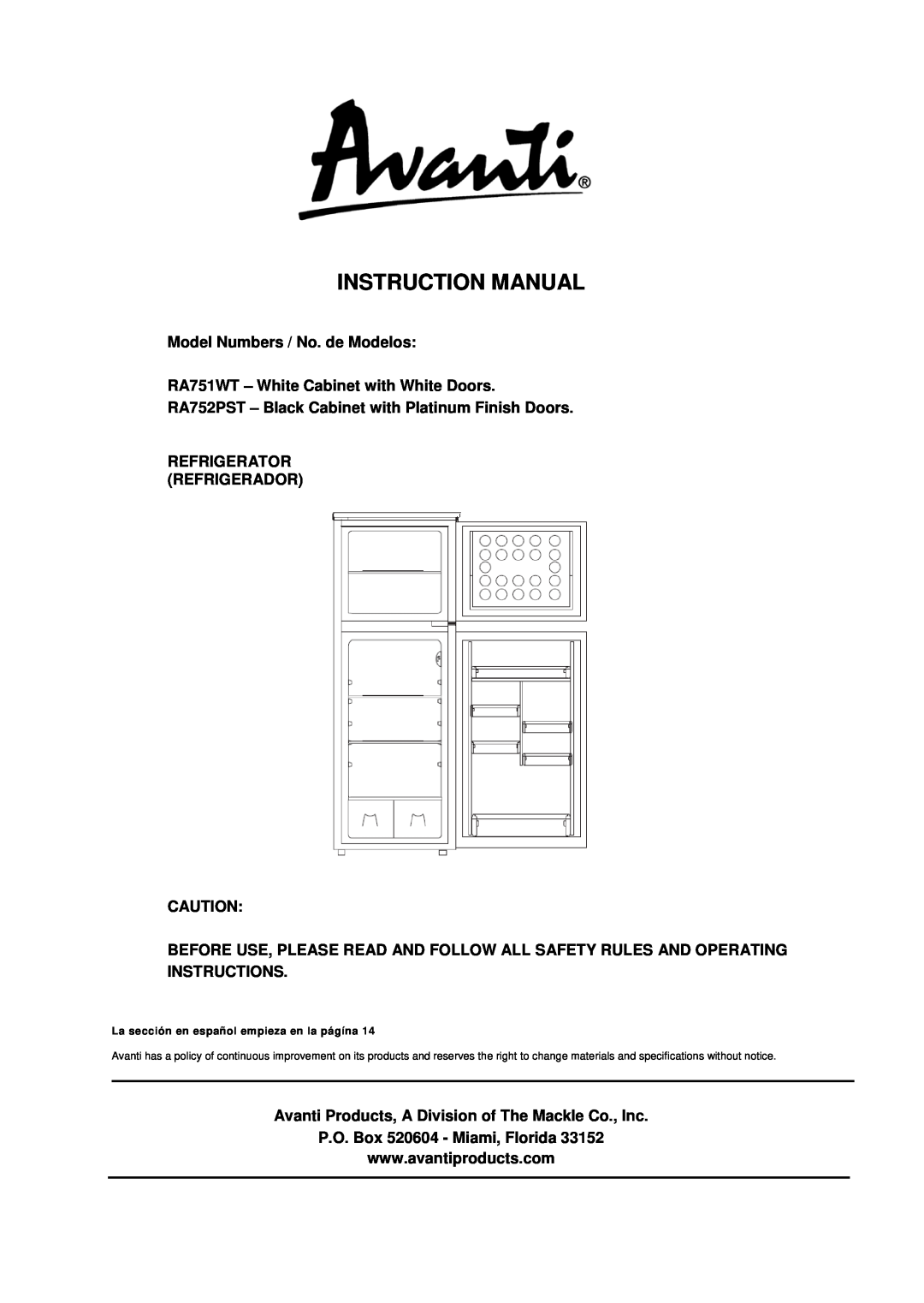 Avanti RA751WT, RA752PST instruction manual 