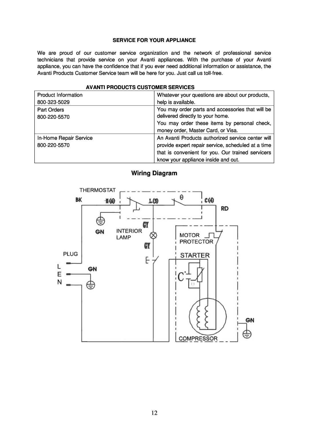 Avanti RA752PST, RA751WT instruction manual Wiring Diagram, Service For Your Appliance, Avanti Products Customer Services 