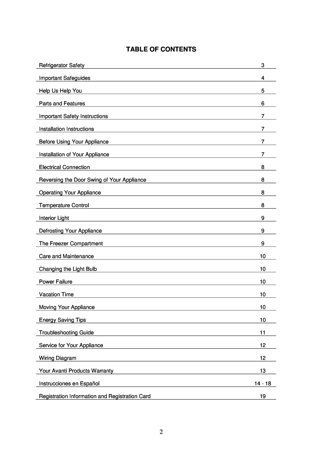 Avanti RA752PST, RA751WT instruction manual Table Of Contents 