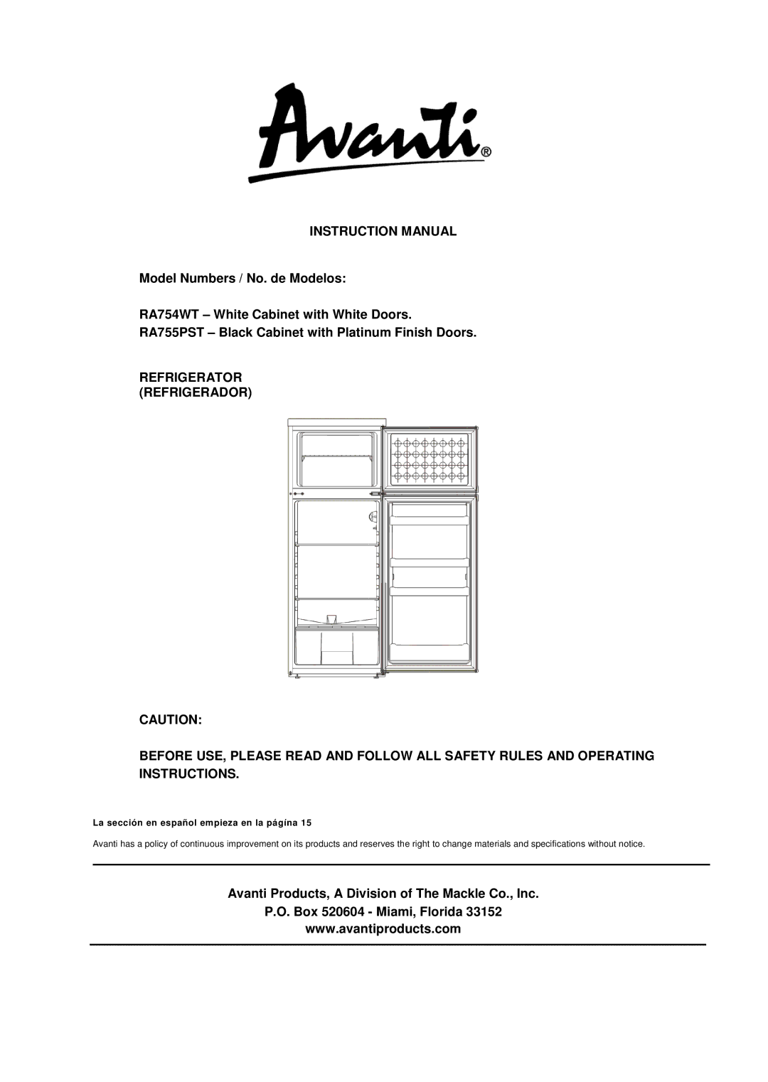 Avanti RA755PST, RA754WT instruction manual La sección en español empieza en la págína 