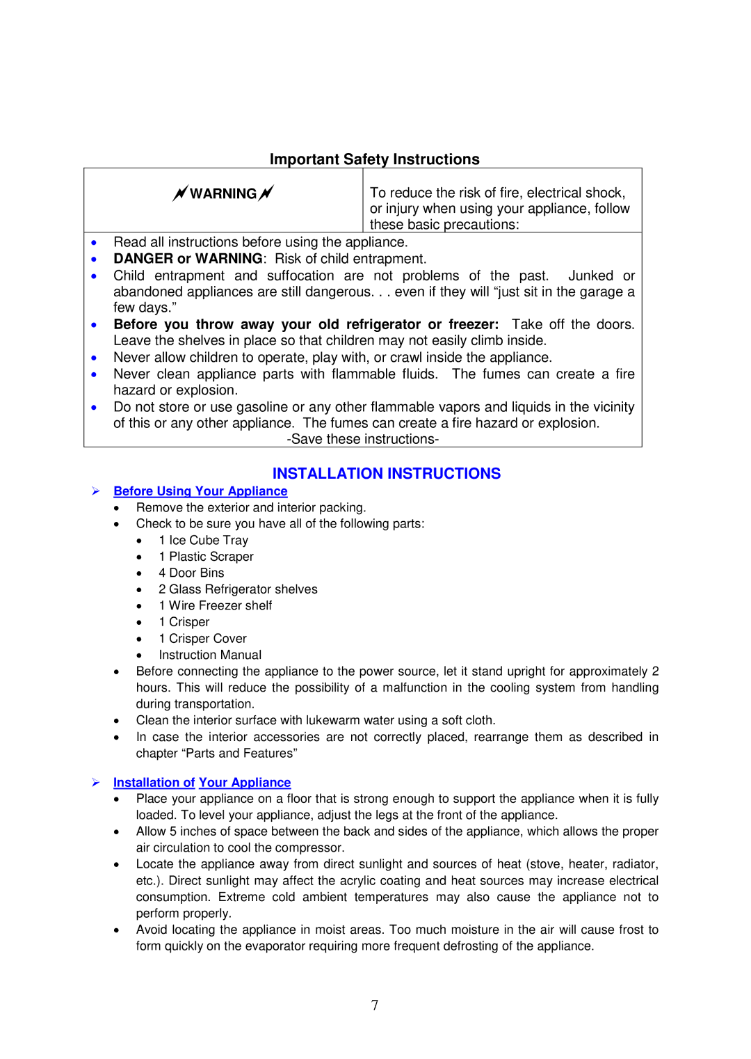 Avanti RA755PST, RA754WT Important Safety Instructions, Installation Instructions,  Before Using Your Appliance 