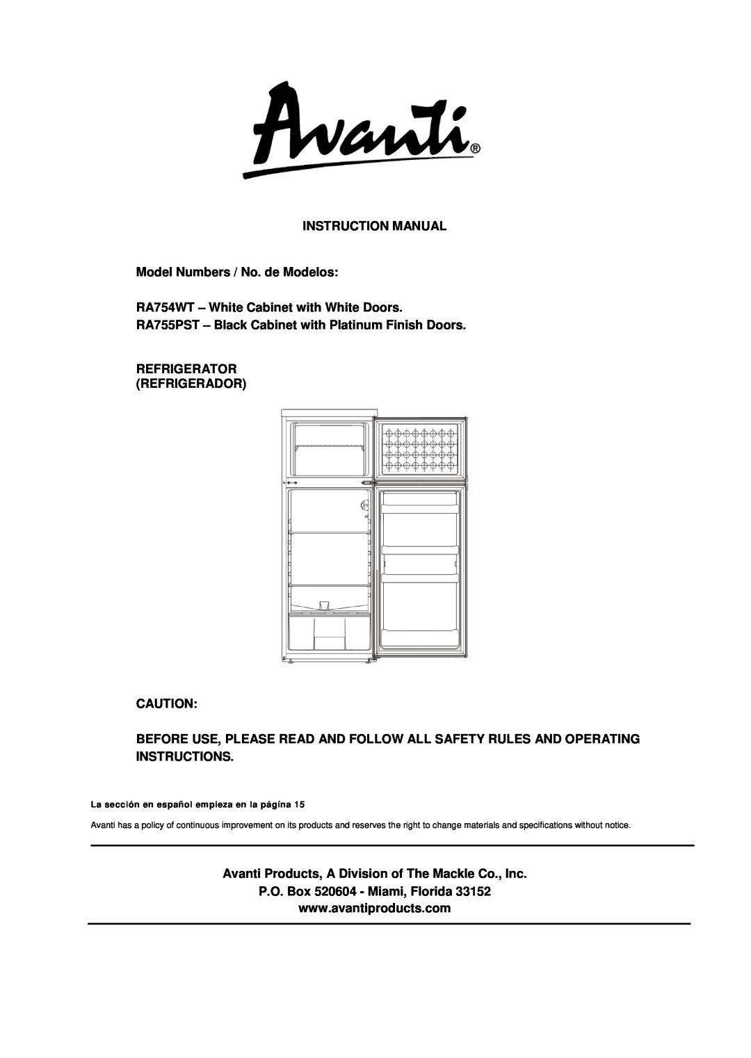 Avanti RA755PST instruction manual RA754WT - White Cabinet with White Doors, Refrigerator Refrigerador 