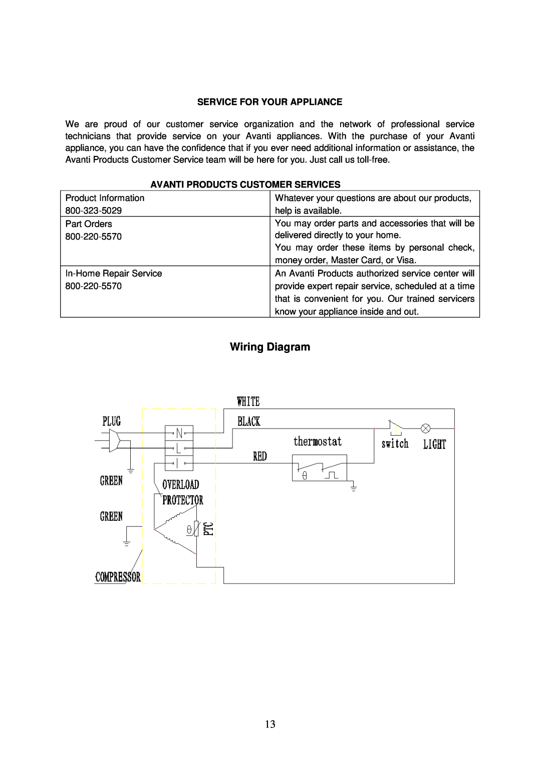 Avanti RA755PST, RA754WT instruction manual Wiring Diagram, Service For Your Appliance, Avanti Products Customer Services 