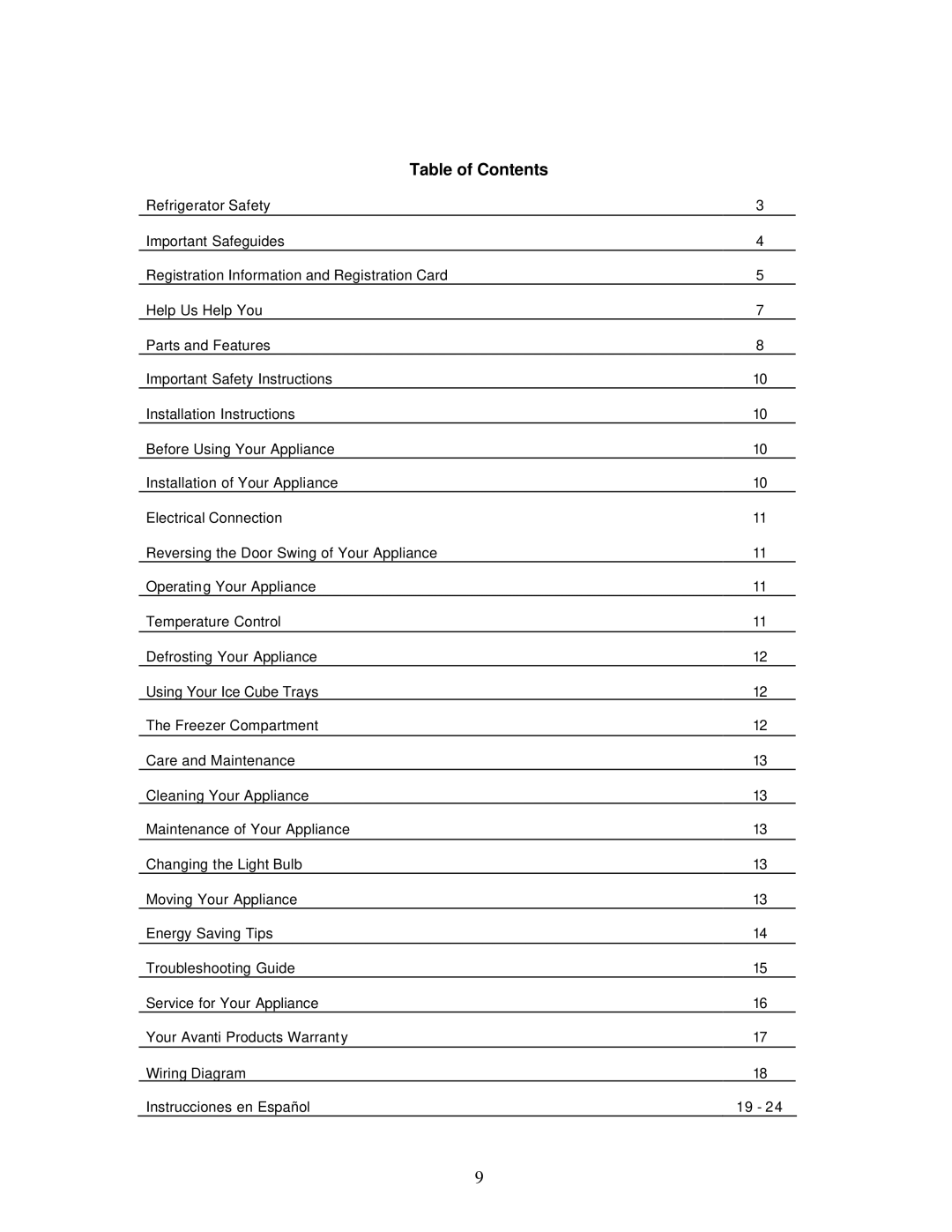 Avanti RA756WT, RA757PS instruction manual Table of Contents 