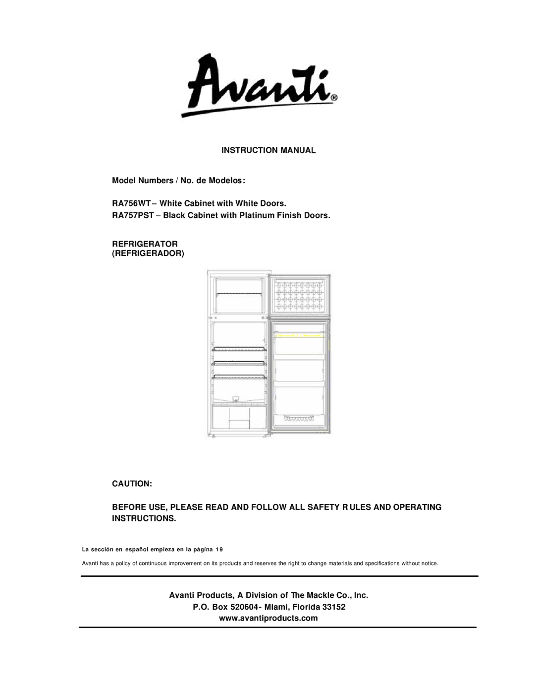Avanti RA757PST instruction manual La sección en español empieza en la págína 1 