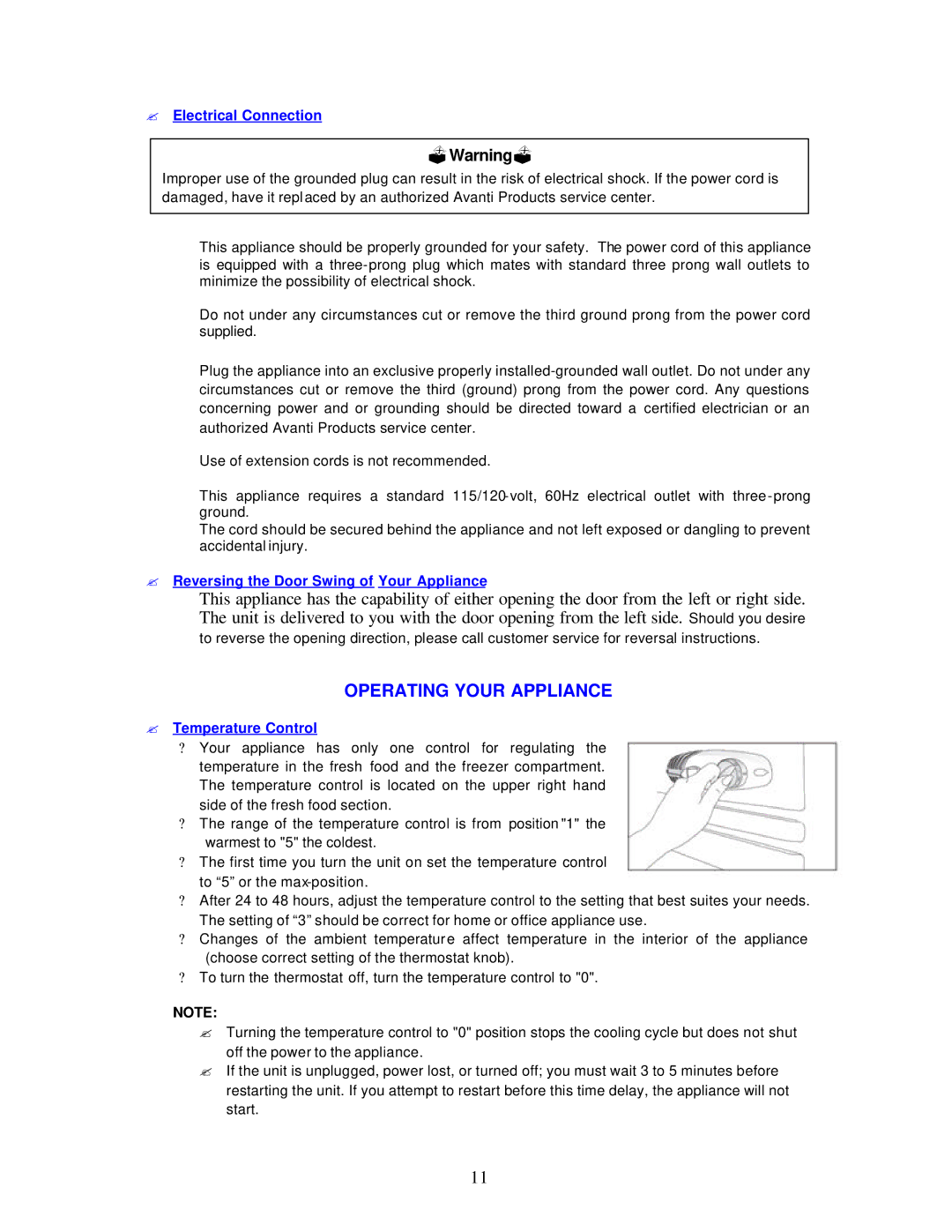 Avanti RA757PST Operating Your Appliance, ? Electrical Connection, ? Reversing the Door Swing of Your Appliance 