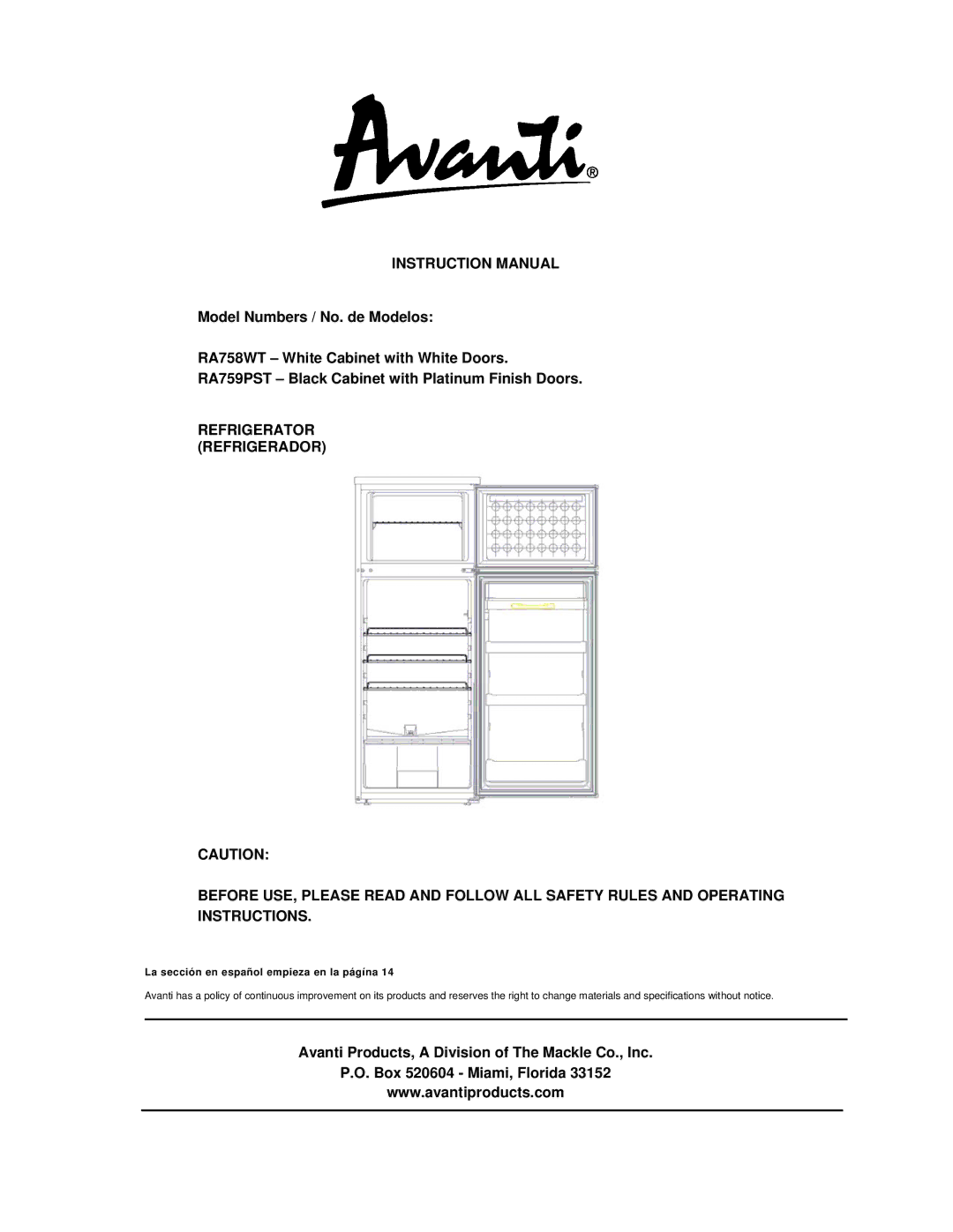 Avanti RA758WT, RA759PST instruction manual La sección en español empieza en la págína 