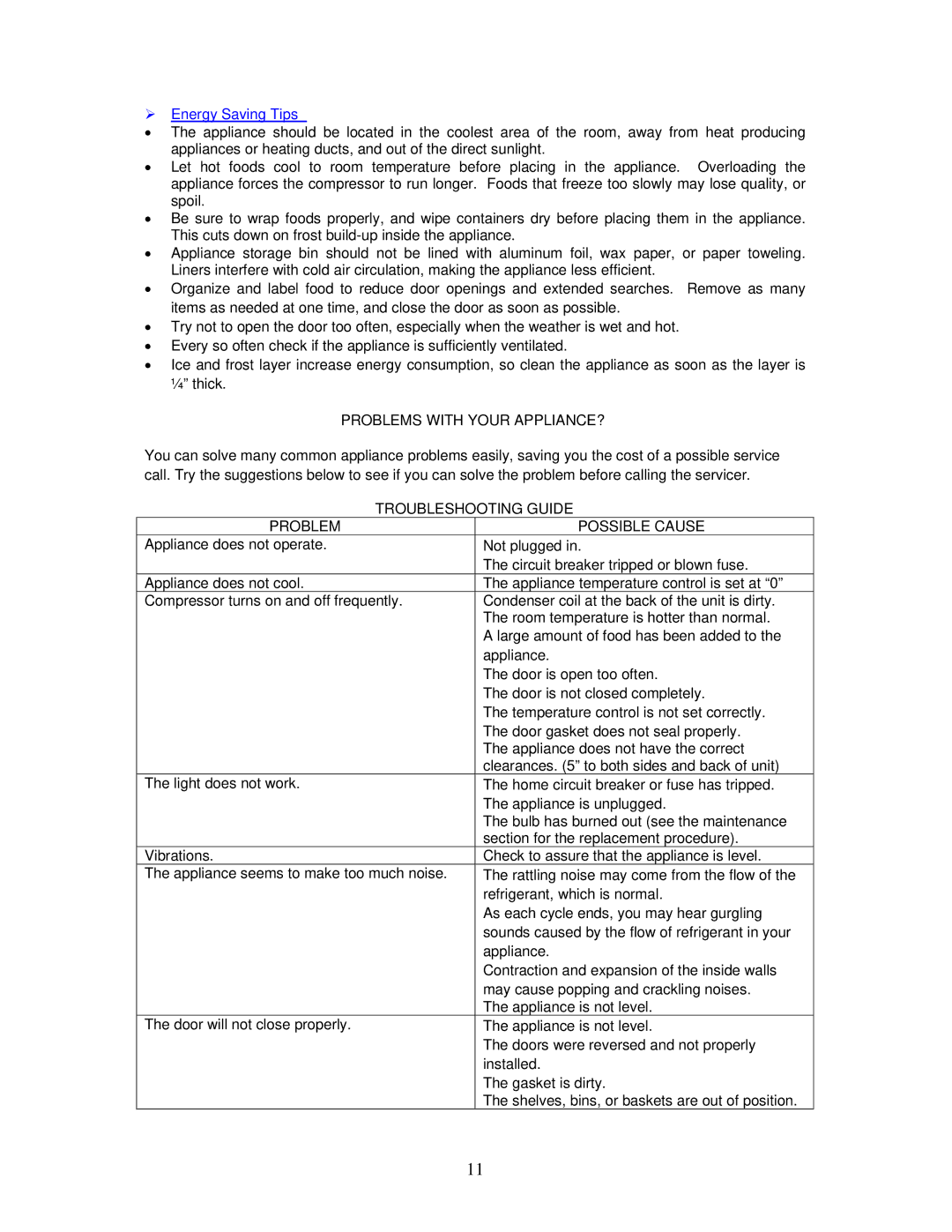 Avanti RA758WT, RA759PST  Energy Saving Tips, Problems with Your APPLIANCE?, Troubleshooting Guide Problem Possible Cause 