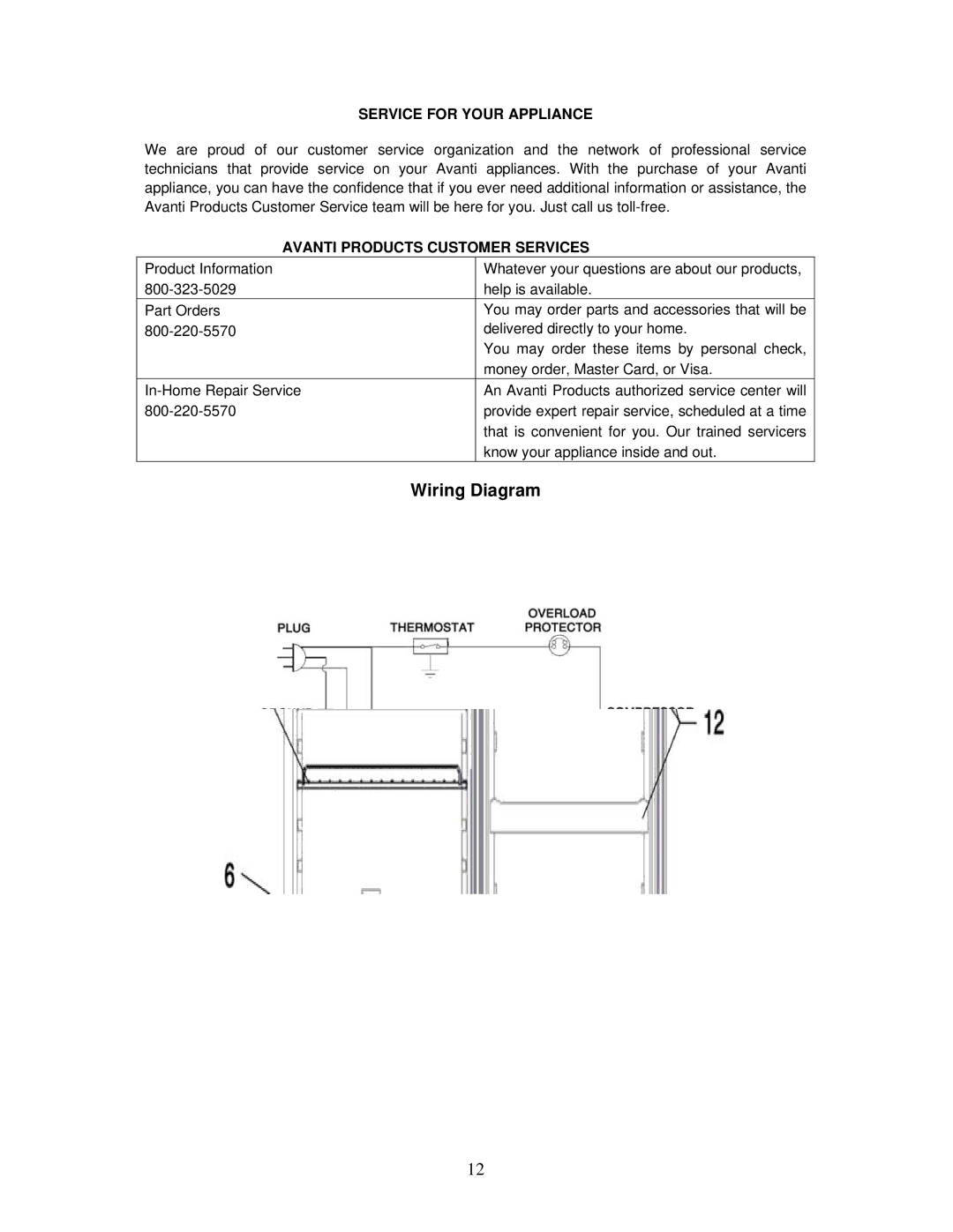 Avanti RA759PST, RA758WT instruction manual Wiring Diagram, Service for Your Appliance, Avanti Products Customer Services 