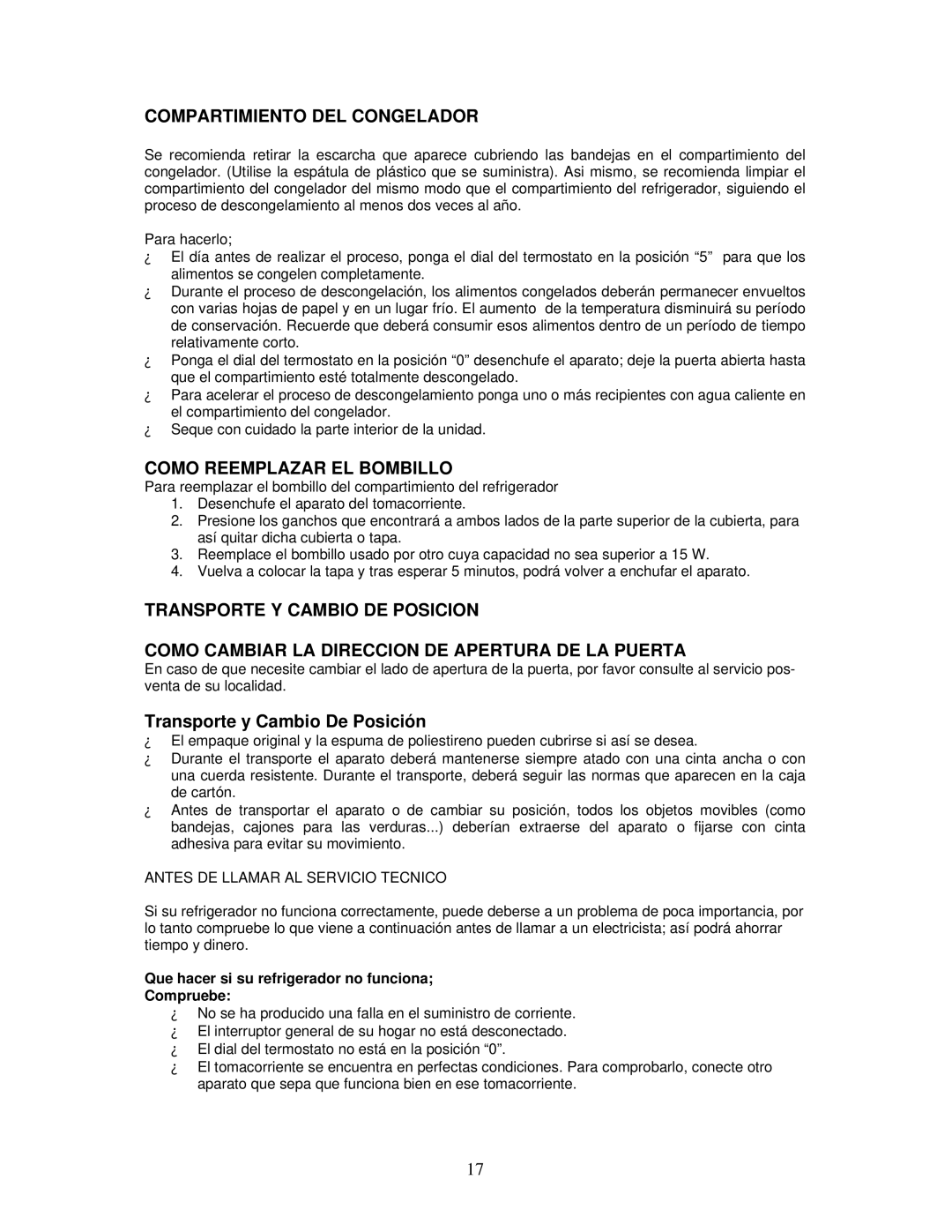 Avanti RA758WT, RA759PST Compartimiento DEL Congelador, Como Reemplazar EL Bombillo, Transporte y Cambio De Posición 