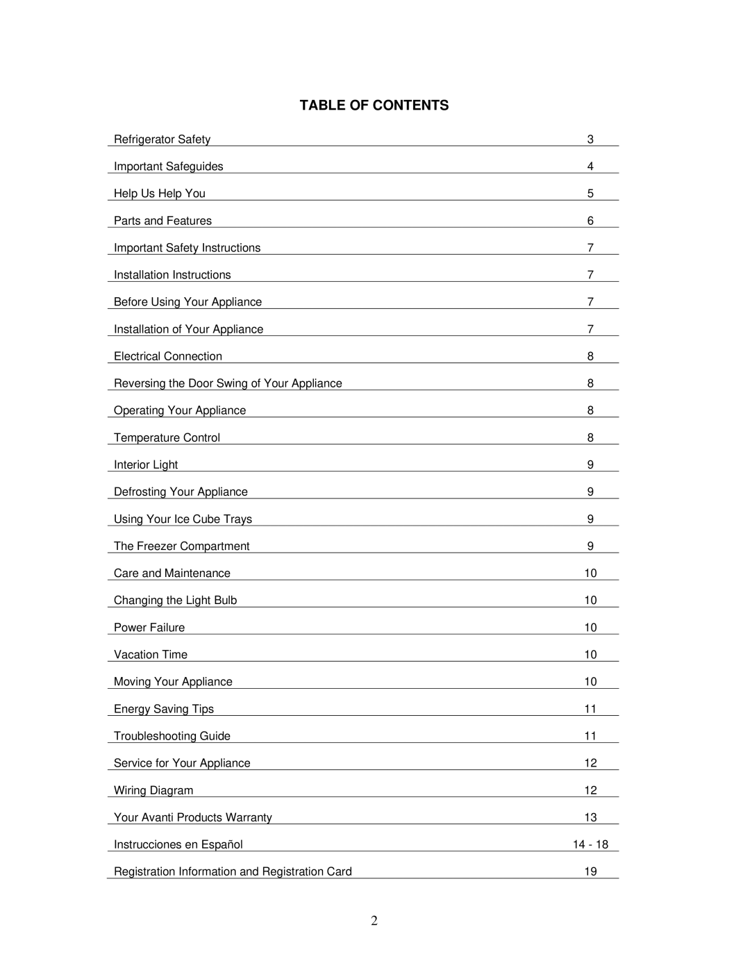 Avanti RA759PST, RA758WT instruction manual Table of Contents 