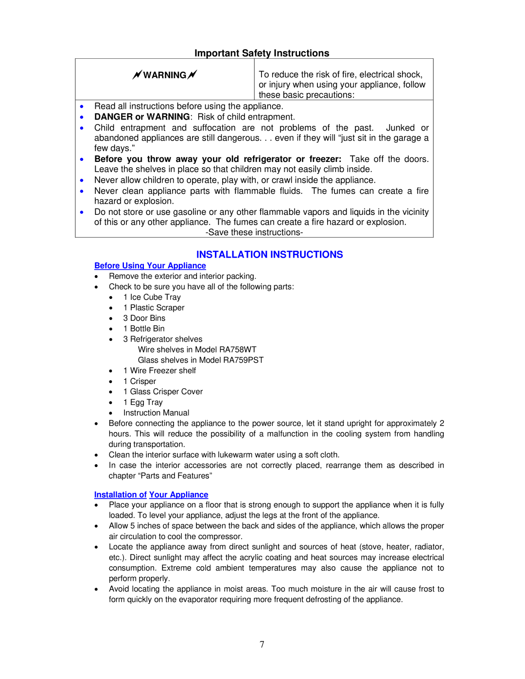 Avanti RA758WT, RA759PST Important Safety Instructions, Installation Instructions,  Before Using Your Appliance 