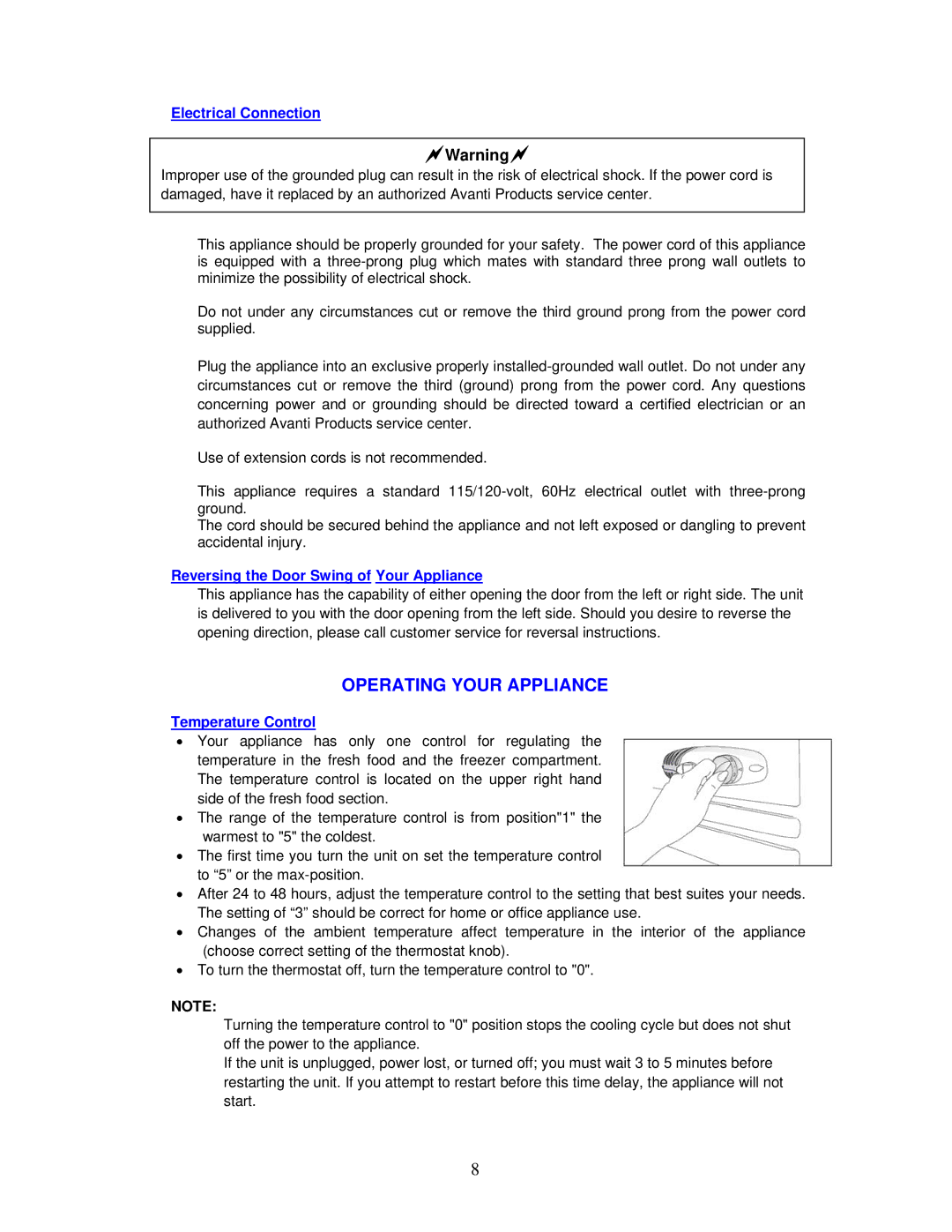 Avanti RA759PST, RA758WT Operating Your Appliance,  Electrical Connection,  Reversing the Door Swing of Your Appliance 