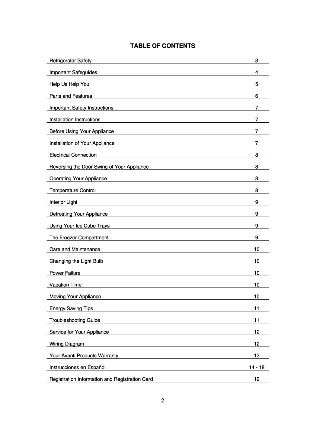 Avanti RA759PST, RA758WT instruction manual Table Of Contents 