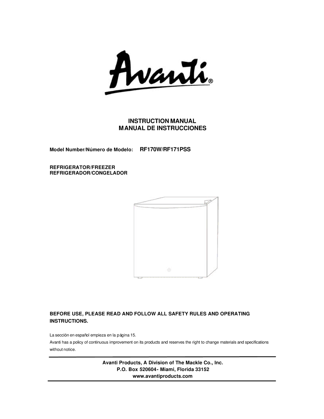 Avanti instruction manual Manual DE Instrucciones, Model Number/Número de Modelo RF170W/RF171PSS 