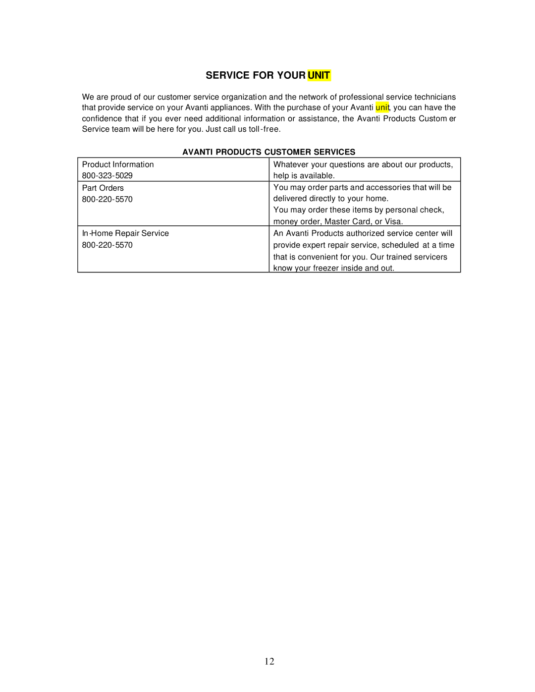 Avanti RF171PSS, RF170W instruction manual Service for Your Unit, Avanti Products Customer Services 