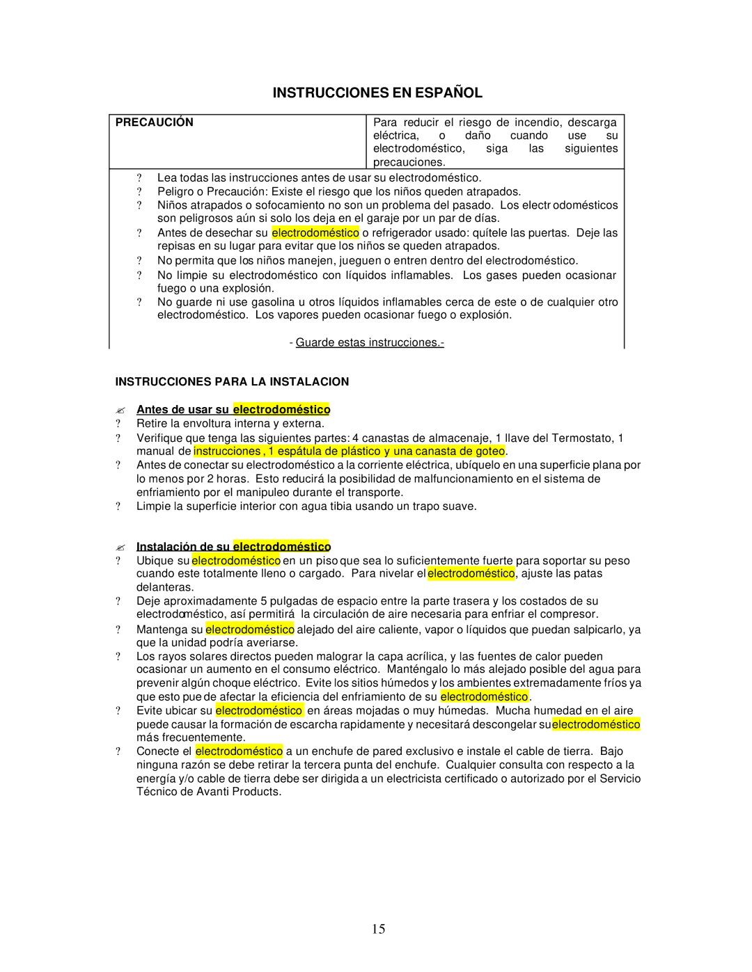 Avanti RF170W Instrucciones EN Español, Precaución, Instrucciones Para LA Instalacion, ? Antes de usar su electrodoméstico 