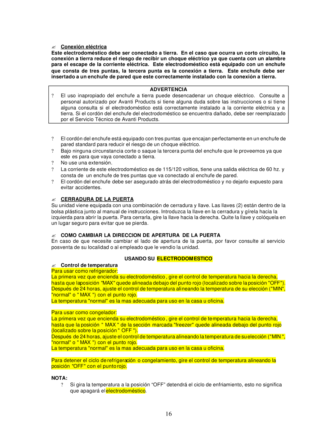 Avanti RF171PSS, RF170W Advertencia, ? Cerradura DE LA Puerta, ? Como Cambiar LA Direccion DE Apertura DE LA Puerta, Nota 