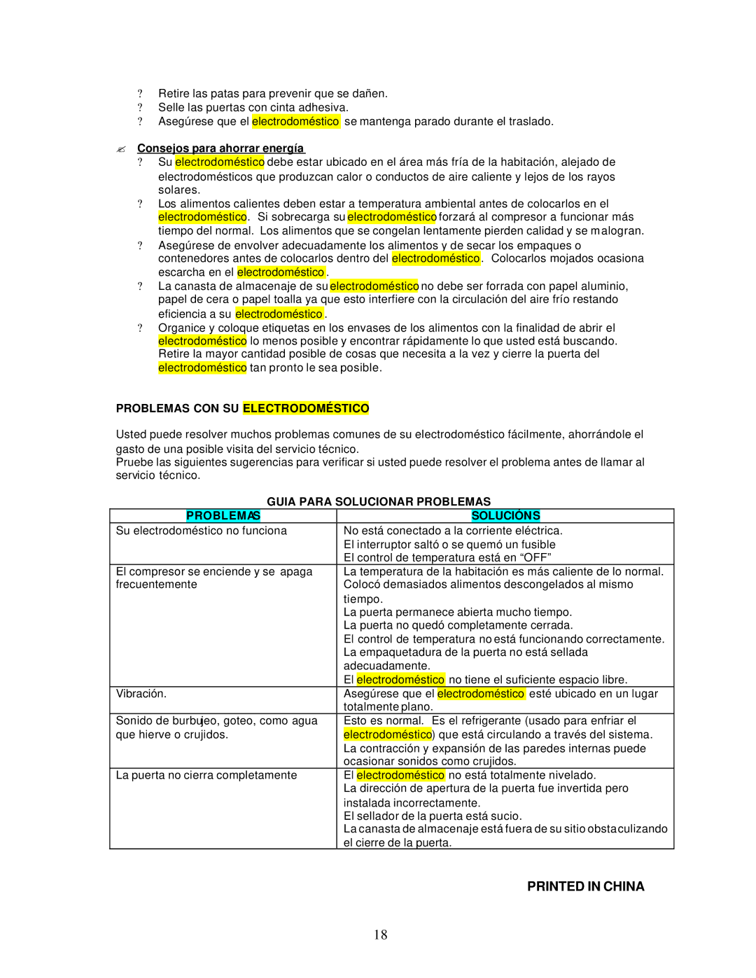 Avanti RF171PSS, RF170W ? Consejos para ahorrar energía, Problemas CON SU Electrodoméstico, Guia Para Solucionar Problemas 