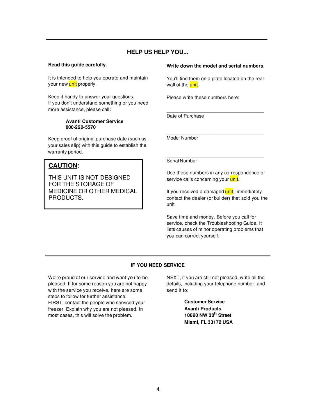 Avanti RF171PSS, RF170W Help US Help YOU, Read this guide carefully, Avanti Customer Service, If YOU Need Service 