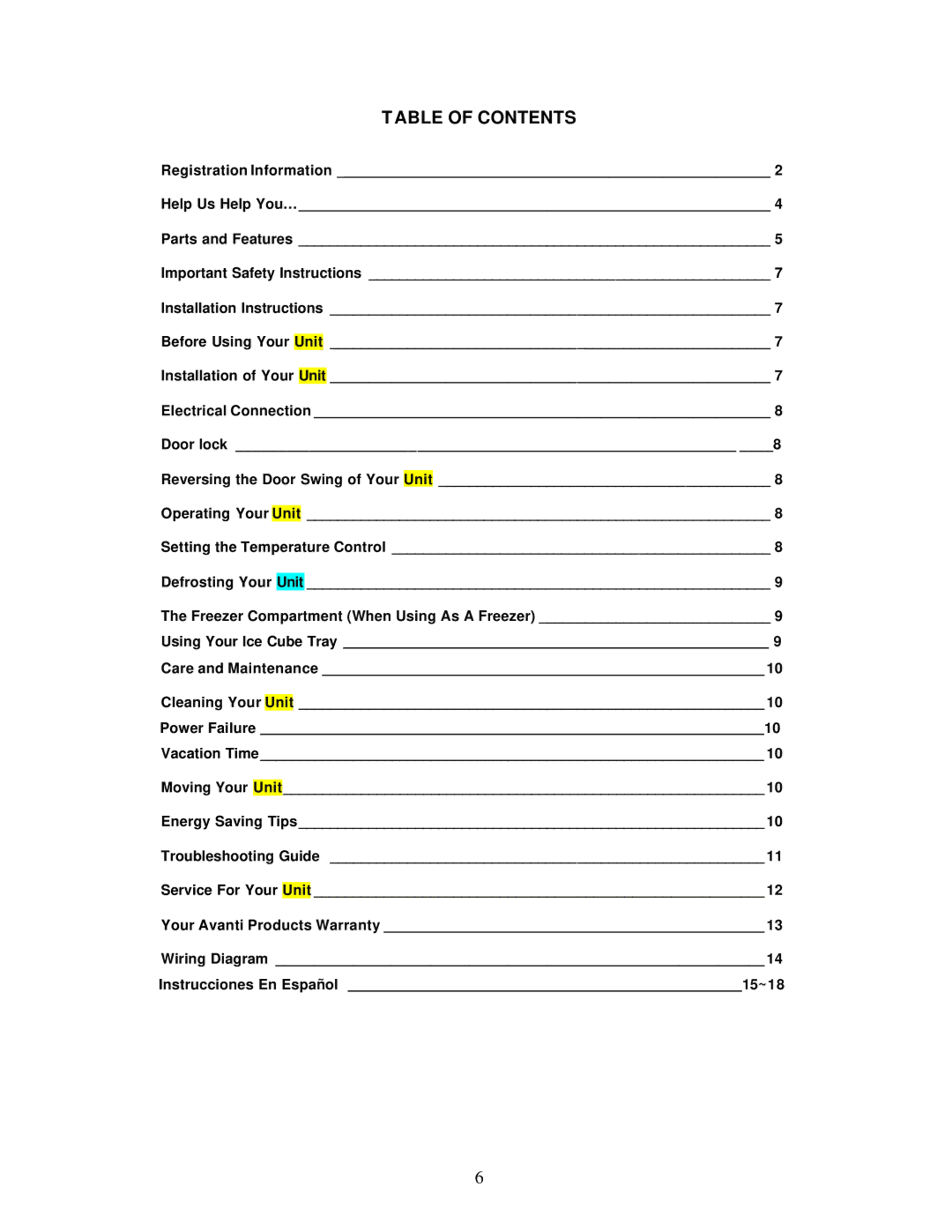 Avanti RF171PSS, RF170W instruction manual Table of Contents 