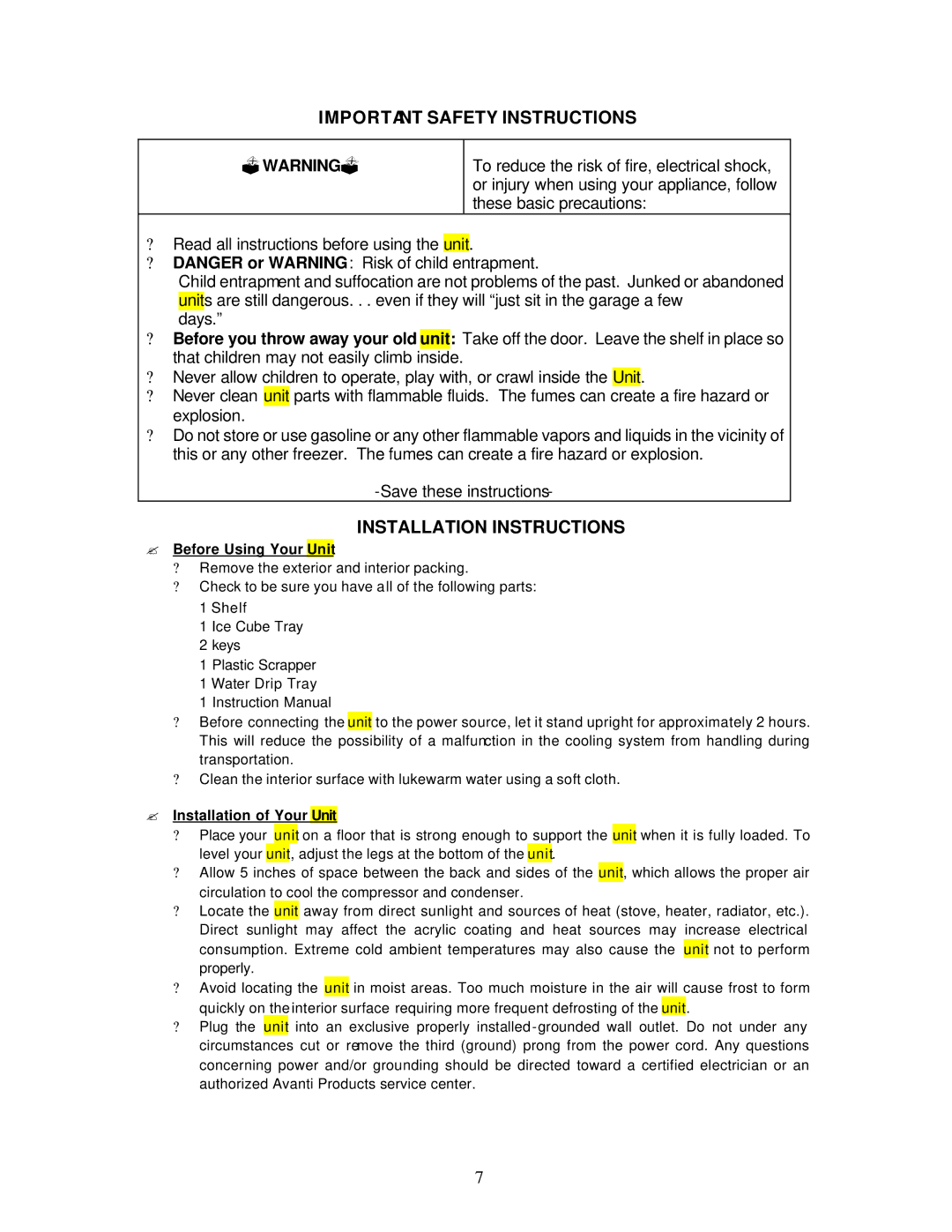 Avanti RF170W, RF171PSS Important Safety Instructions, Installation Instructions, ? Before Using Your Unit 