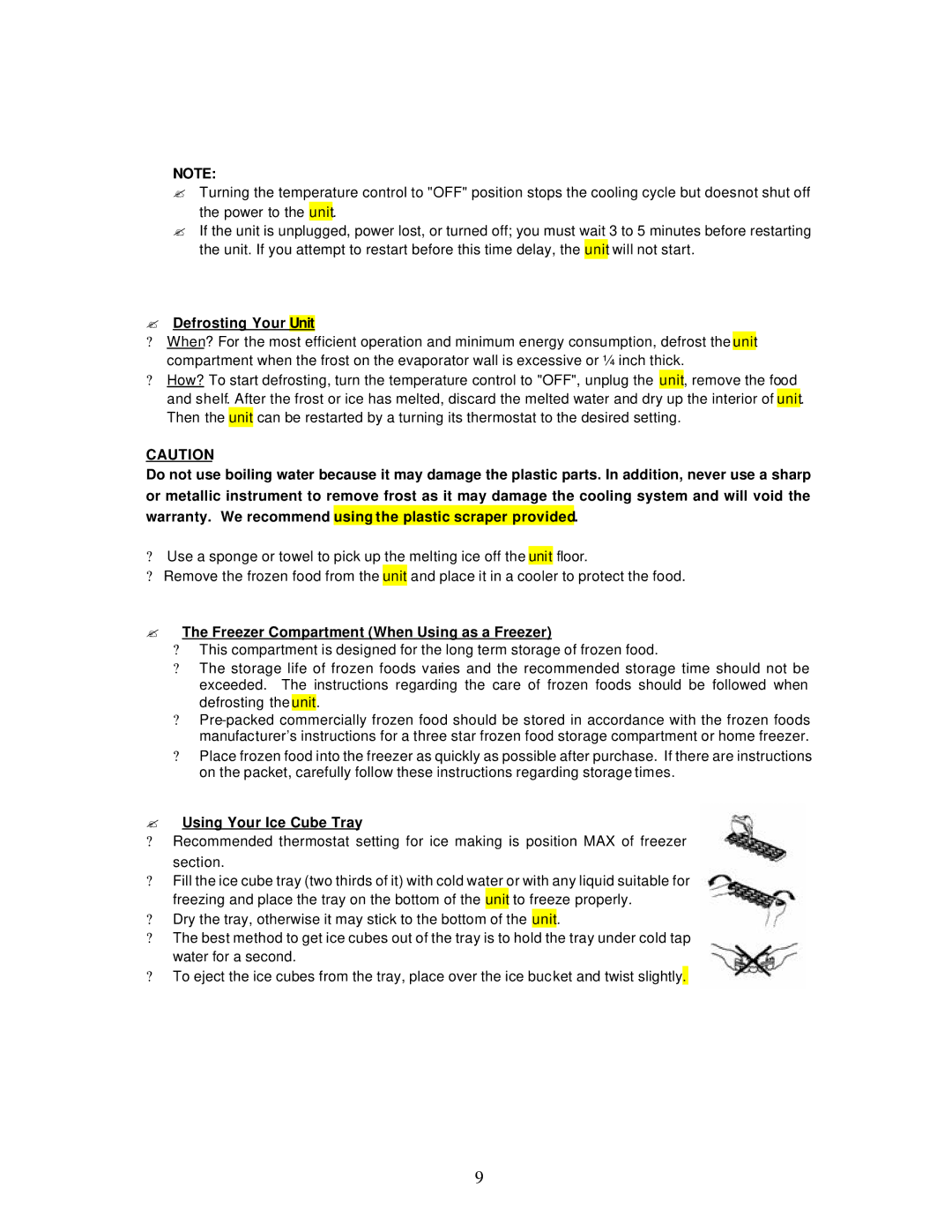 Avanti RF170W ? Defrosting Your Unit, ? The Freezer Compartment When Using as a Freezer, ? Using Your Ice Cube Tray 