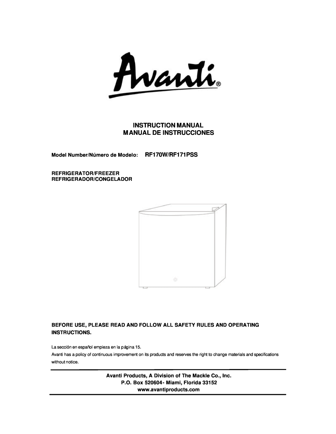 Avanti instruction manual Model Number/Número de Modelo RF170W/RF171PSS, Refrigerator/Freezer Refrigerador/Congelador 
