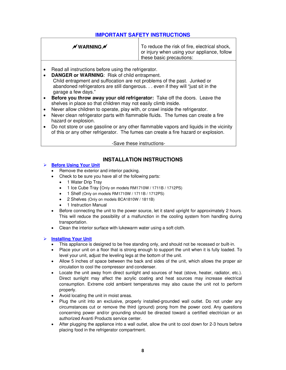 Avanti RM1711B, RM1710W, RM1712PS instruction manual Important Safety Instructions, Installation Instructions 