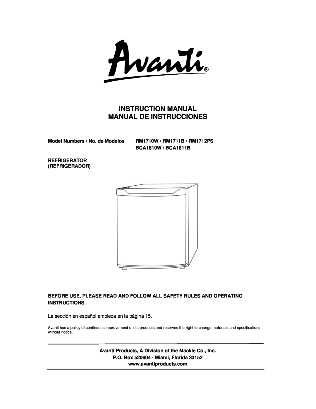 Avanti RM1712PS instruction manual Model Numbers / No. de Modelos, BCA1810W / BCA1811B, Refrigerator, Refrigerador 