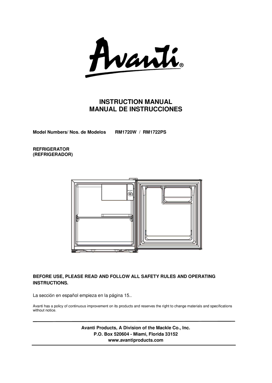 Avanti RM1722PS, RM1720W instruction manual Manual DE Instrucciones 