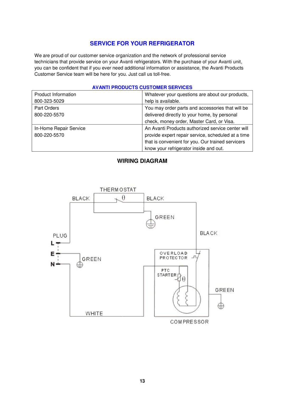 Avanti RM1722PS, RM1720W instruction manual Service for Your Refrigerator, Wiring Diagram 