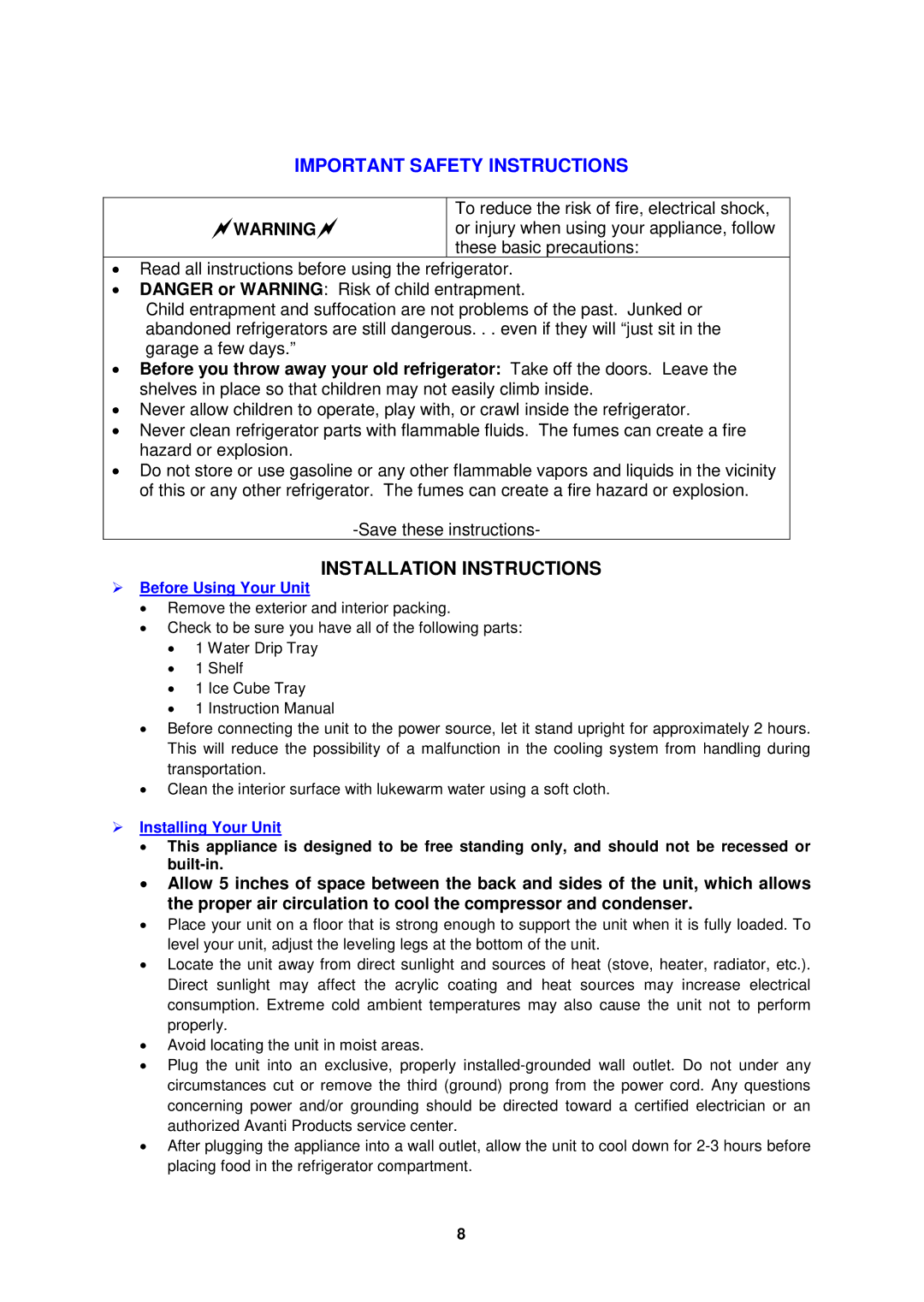 Avanti RM1720W Important Safety Instructions, Installation Instructions,  Before Using Your Unit,  Installing Your Unit 