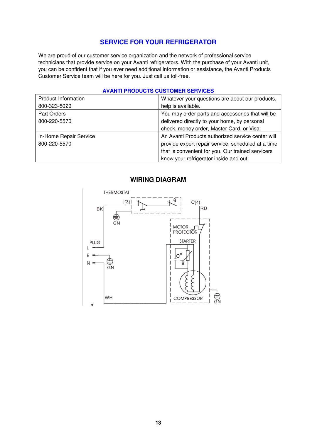 Avanti RM1740W, RM1742PS, RM1741B, RM1743SS Service for Your Refrigerator, Wiring Diagram, Avanti Products Customer Services 