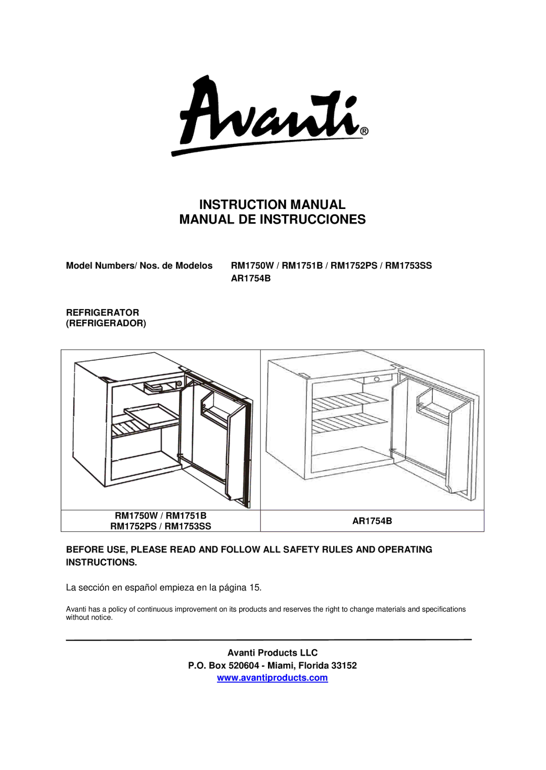 Avanti RM1752PS, RM1750W, RM1753SS, RM1751B instruction manual Manual DE Instrucciones 