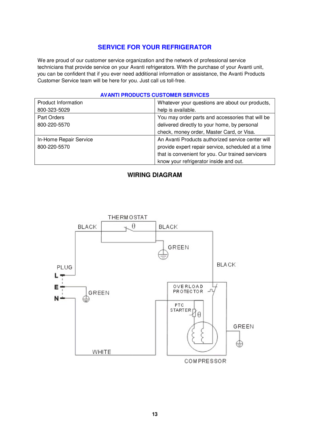 Avanti RM1752PS, RM1750W, RM1753SS, RM1751B Service for Your Refrigerator, Wiring Diagram, Avanti Products Customer Services 