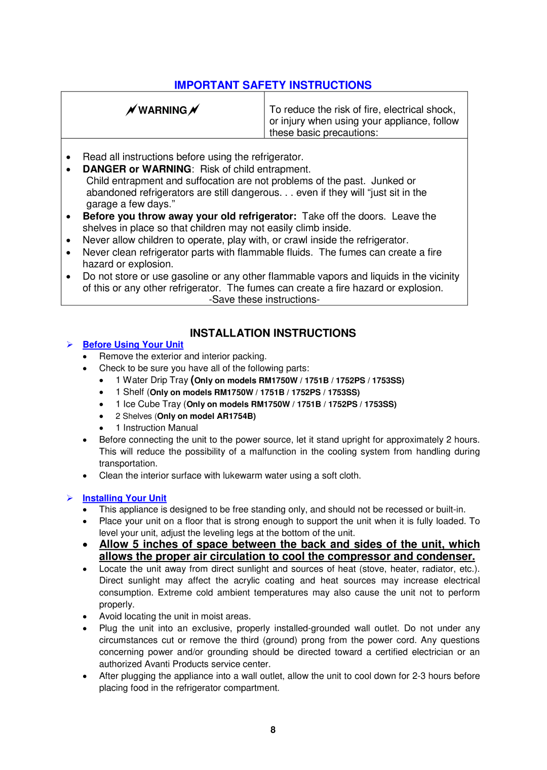 Avanti RM1750W, RM1752PS, RM1753SS, RM1751B instruction manual Important Safety Instructions, Installation Instructions 