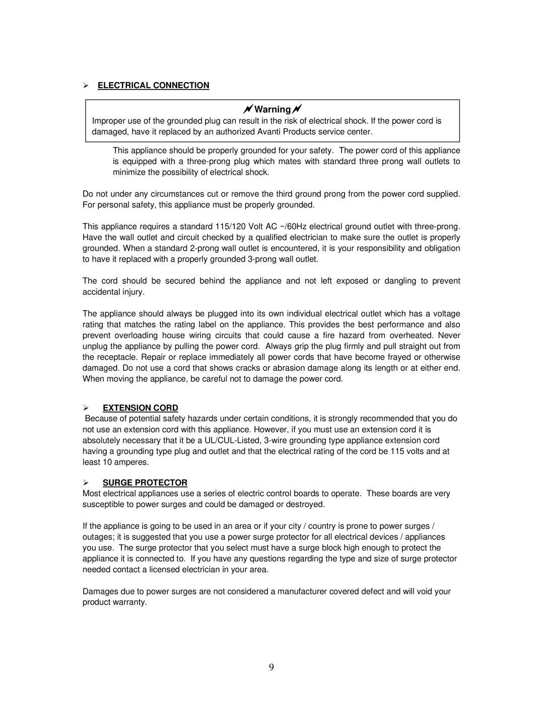 Avanti RM2411B instruction manual  Electrical Connection,  Extension Cord,  Surge Protector 