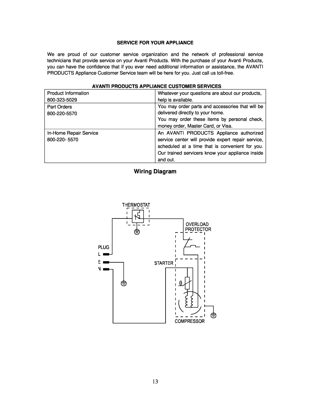 Avanti RM2411B instruction manual Wiring Diagram, Service For Your Appliance, Avanti Products Appliance Customer Services 