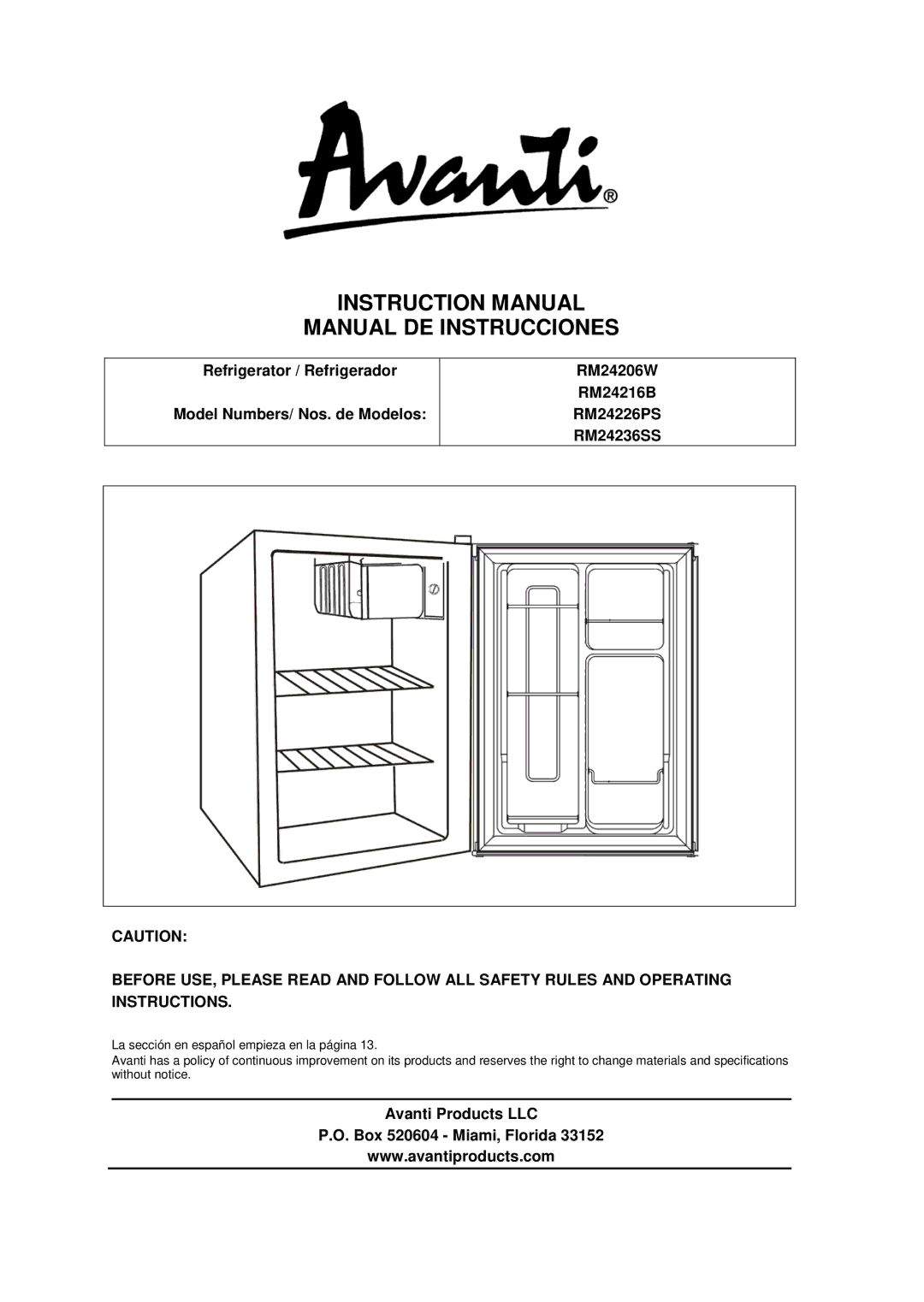 Avanti RM24216B, RM24226PS, RM24206W manual Manual DE Instrucciones, Avanti Products LLC Box 520604 Miami, Florida 