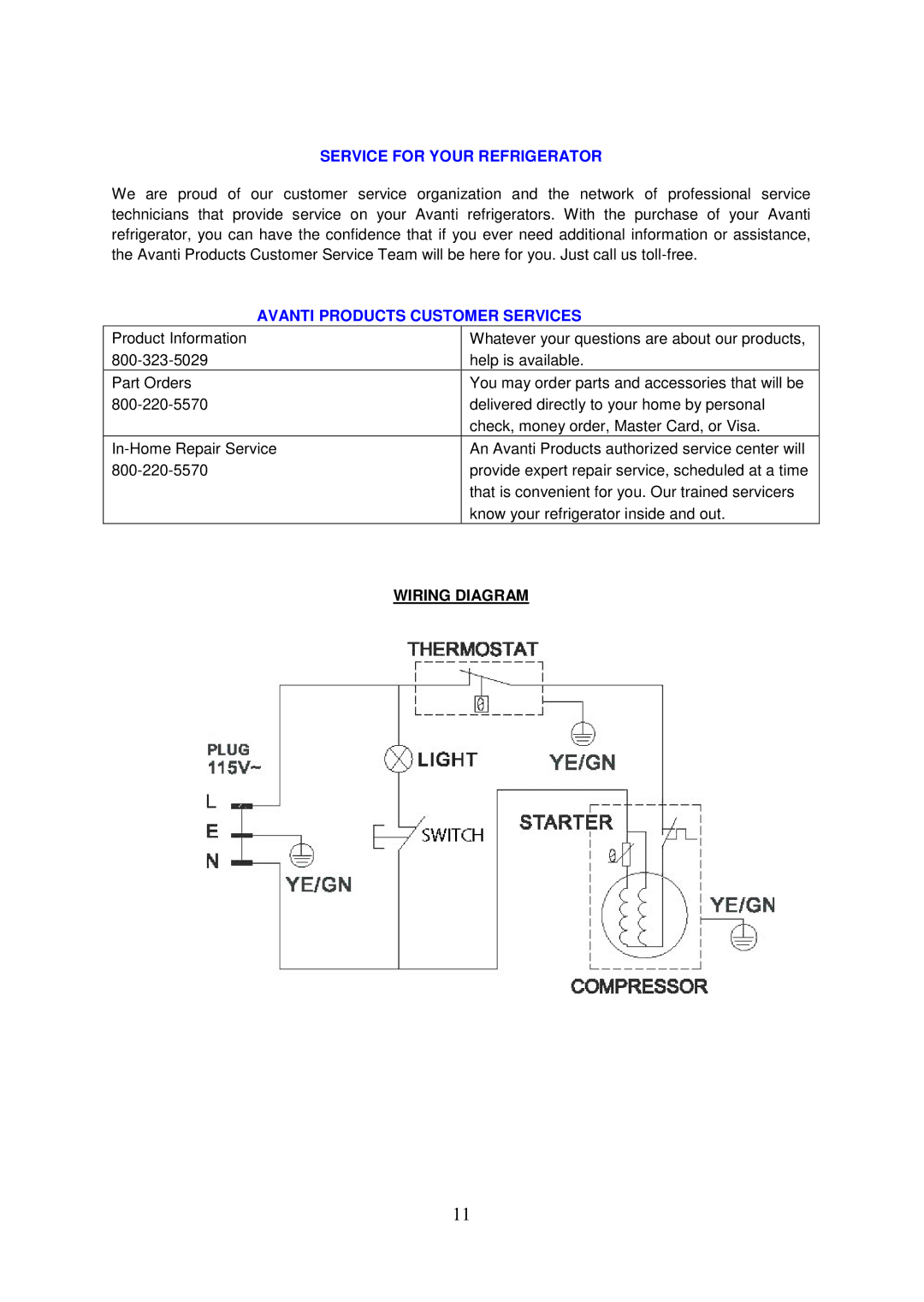 Avanti RM24236SS, RM24226PS, RM24216B manual Service for Your Refrigerator, Avanti Products Customer Services, Wiring Diagram 