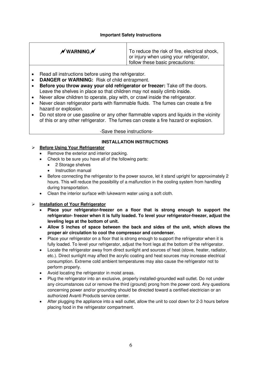 Avanti RM24206W, RM24226PS manual Important Safety Instructions, Installation Instructions,  Before Using Your Refrigerator 