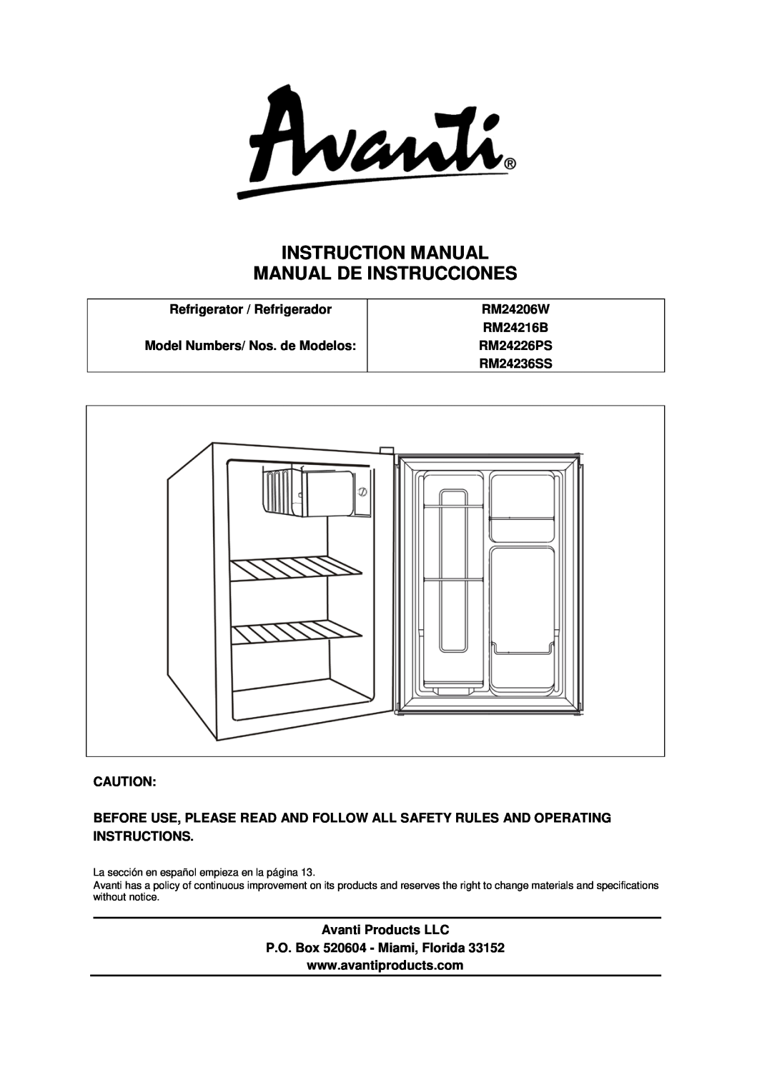 Avanti manual Refrigerator / Refrigerador, Model Numbers/ Nos. de Modelos, RM24206W RM24216B RM24226PS RM24236SS 